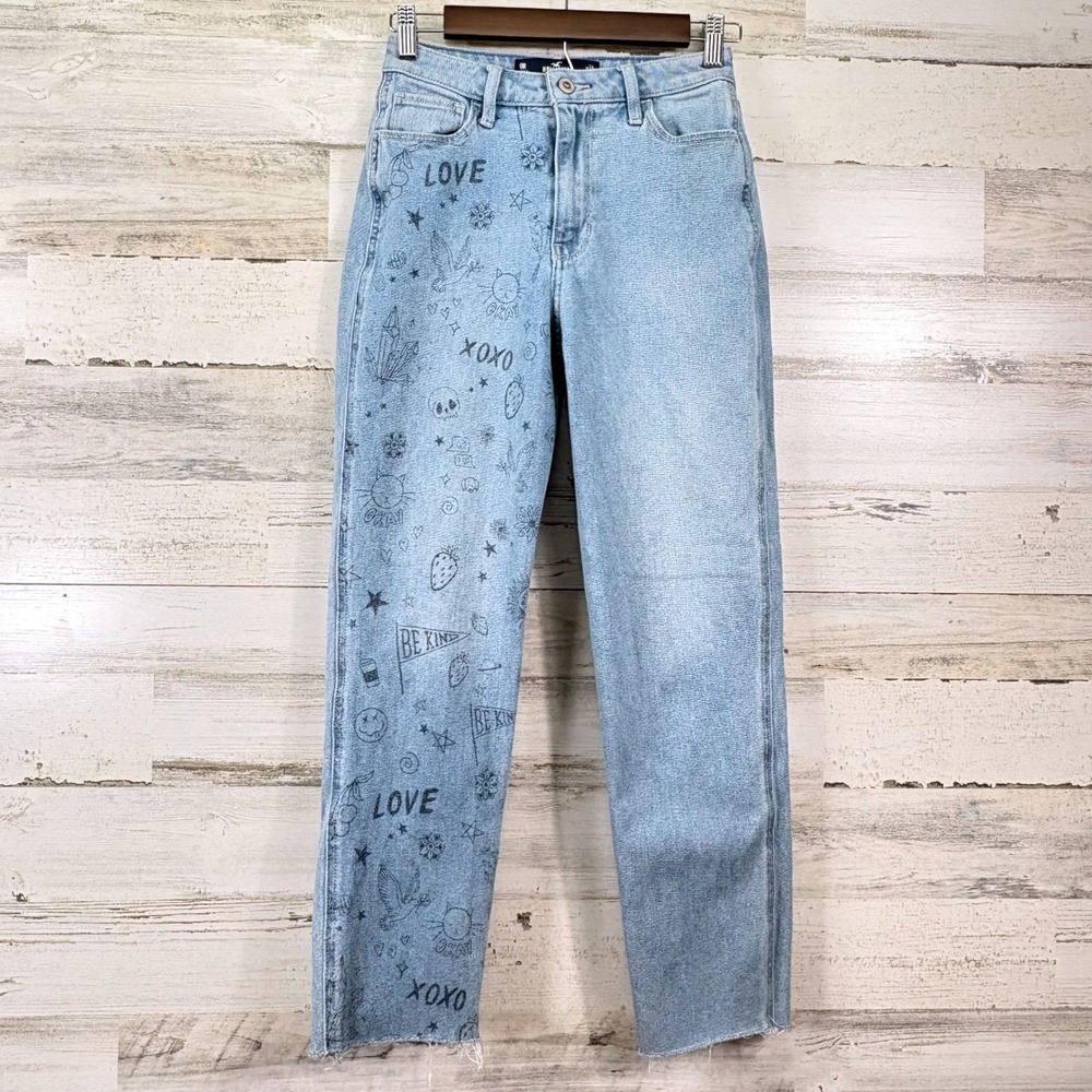 Hollister Mom Jeans Womens 0R Blue Graphic Print Ultra High Rise Indie Raw Hem